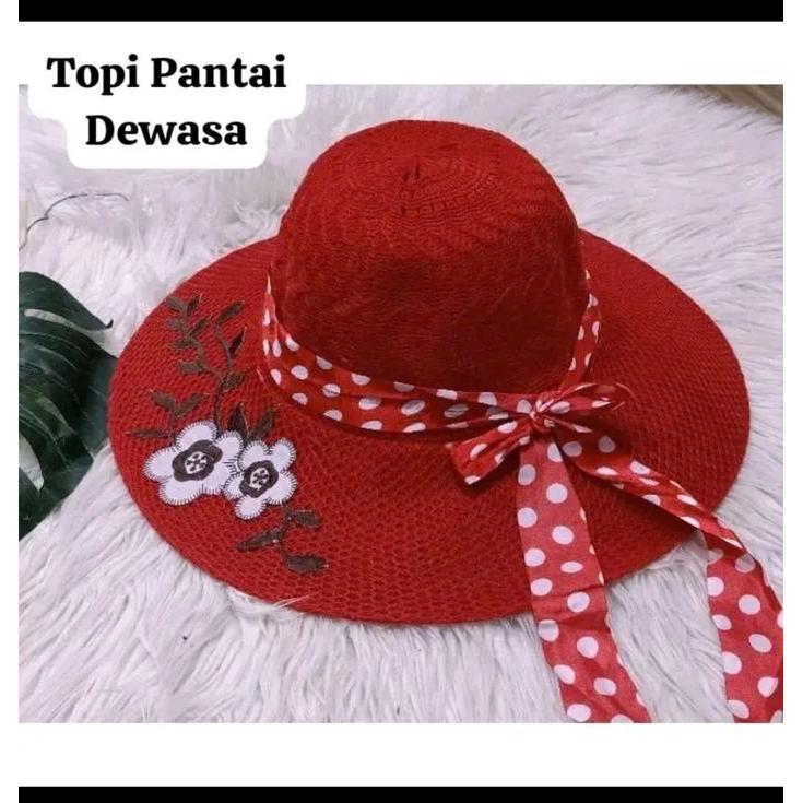 TOPI PANTAI RAJUT NILON MANOHARA / TOPI PANTAI WANITA BORDIR MOTIF BUNGA