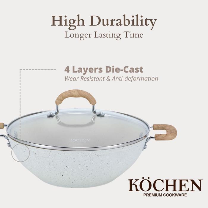 Kochen Panci Wajan Penggorengan Wokpan 28cm Granit Free Tutup Anti Lengket Non-Stick cream