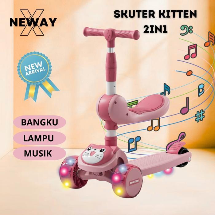 NewayX Skuter Mainan Anak Kucing Lucu 2 in 1 Scooter Lipat 2in1 Bangku Roda Tiga Lampu Musik Rem