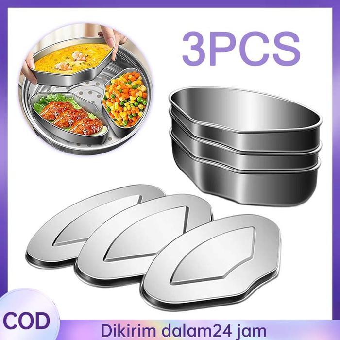 3Pcs Wadah Kukusan Stainless Wadah Kukus Makanan Panci Kecil Stainless Mudah Disiram Kotak Kukusan