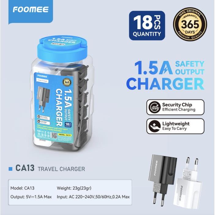 Terlaris FOOMEE CA13 TRAVEL CHARGER 1.5A 1 USB PORT (1 TOPLES ISI 18 PCS) SAFETY OUTPUT CHARGER