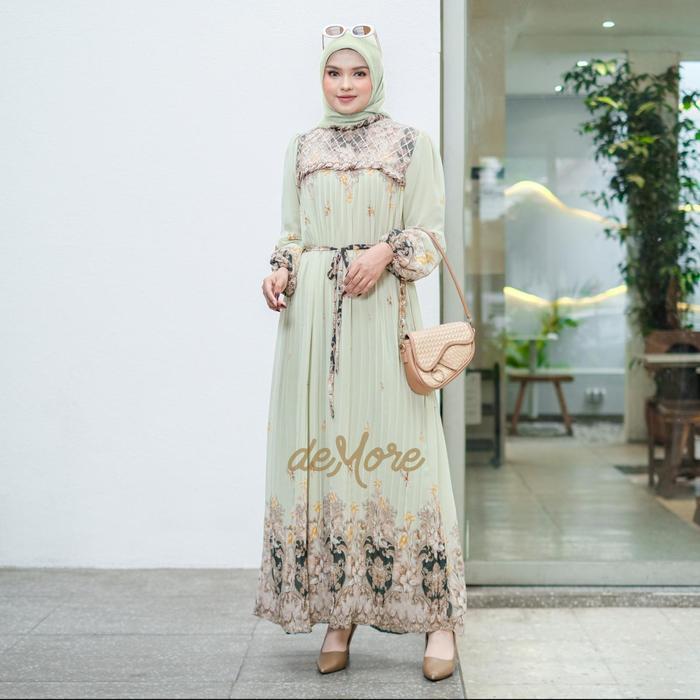 Demore Gamis Kavina Maxi Rempel Pleats Kekinian - Abaya Plisket Elegan Motif Bunga Tabur - Dress