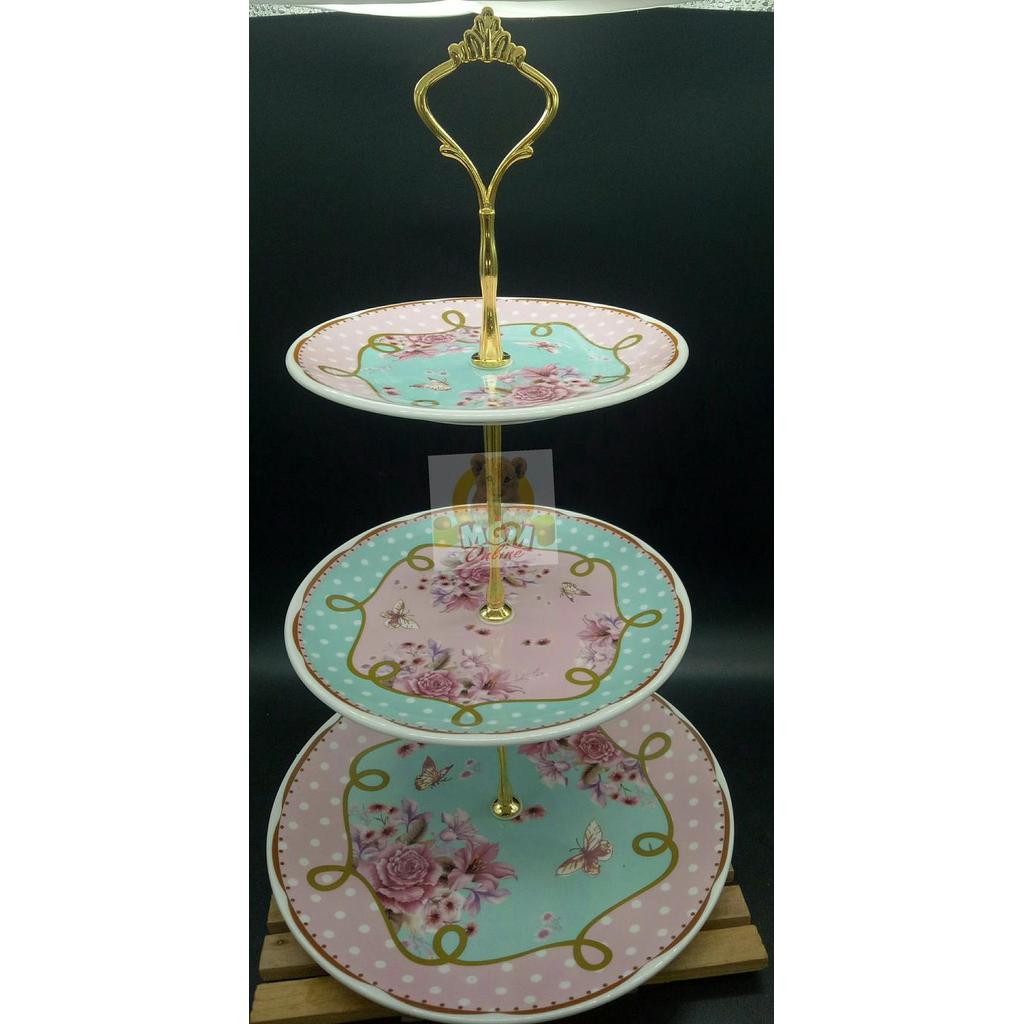 KERAMIK PIRING SUSUN 3 UTK TEMPAT BUAH/ KUE / PERMEN SHABBY GOLD 2399