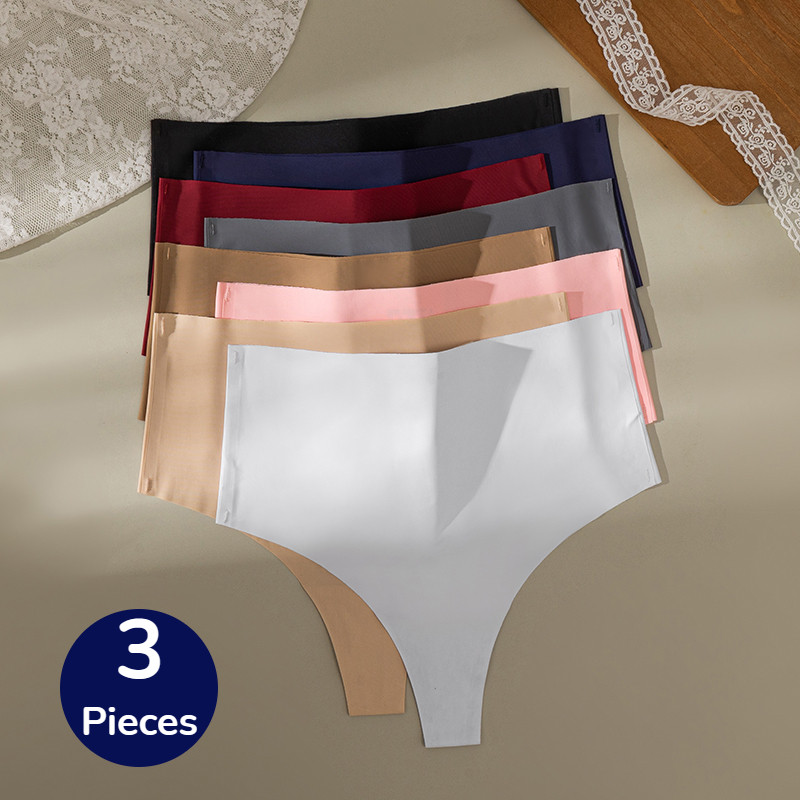 Bzel 3Pcs/Set Women'S Panties High Waist Seamless Thongs Soft Silk Satin Underwear Sexy Lingerie