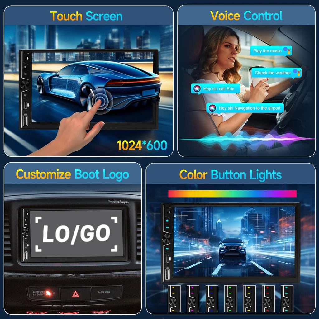 Wireless Double Din Car Stereo with Apple Carplay, 7inch Touchscreen Double Din Radio Car Audio