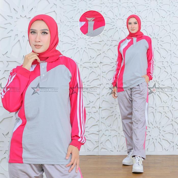 Stelan Baju Olahraga Wanita Lengan Panjang Sport Setelan Kaos Training Olahraga Senam Bahan Katun