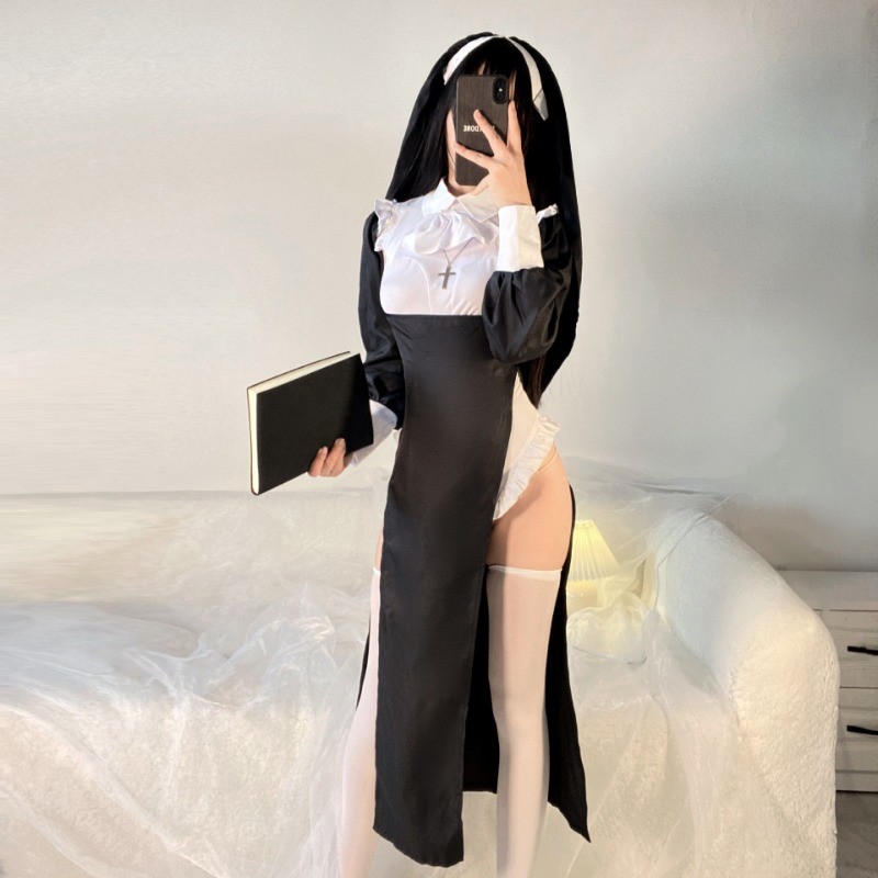 Woman Nun Cosplay Dress Sexy Tight Fancy Dress Halloween Party Roleplay Outfit Adult Black Fantasy