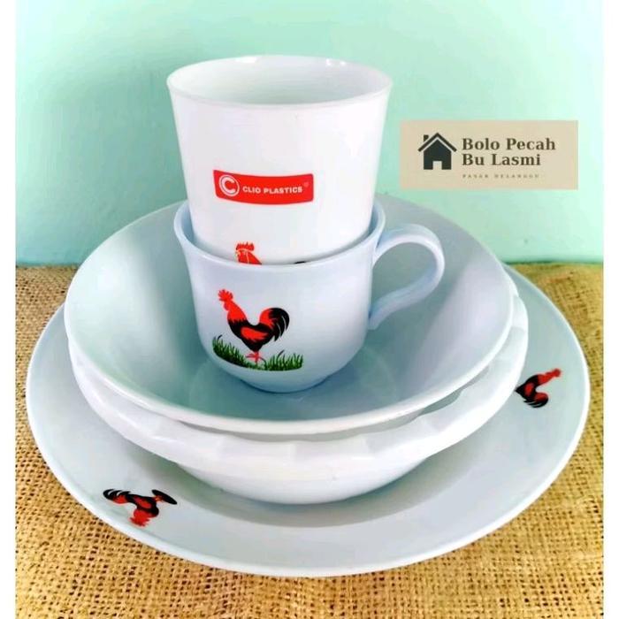 Mangkok Plastik Putih Ayam Jago / Piring Plastik Putih Ayam Jago / Gelas Cangkir Plastik Putih Ayam