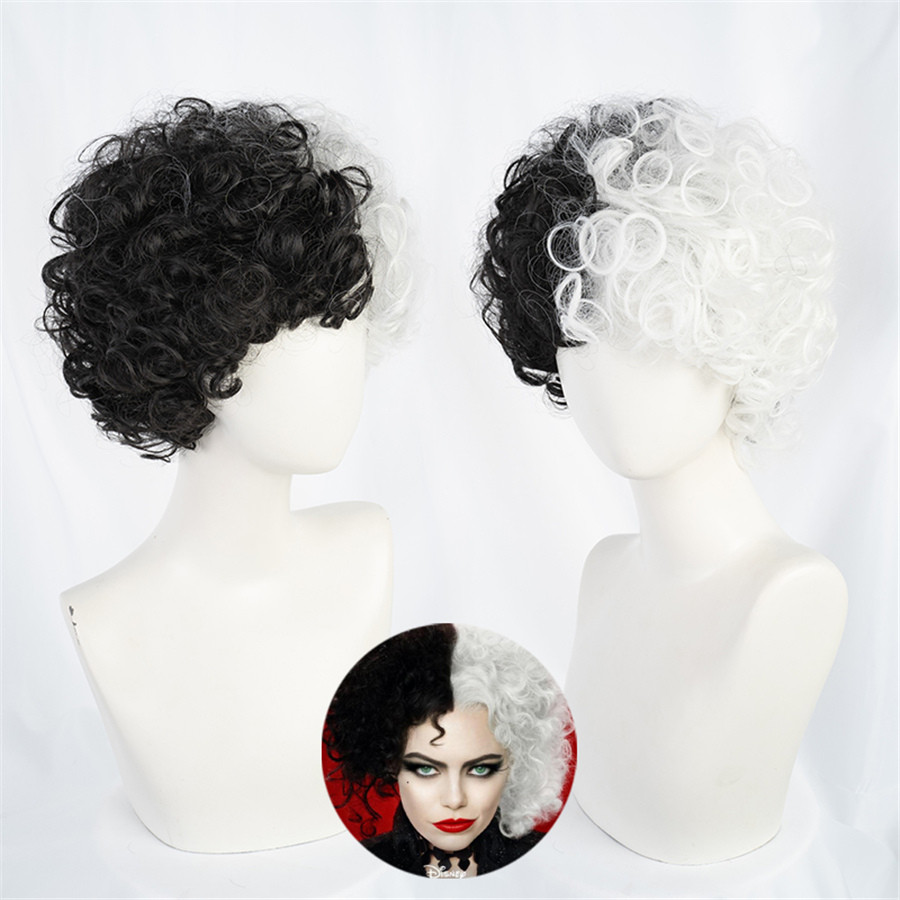 Cruella Deville De Vil Black White With Bangs Short Bob Heat Resistant Hair Wig Cosplay Halloween