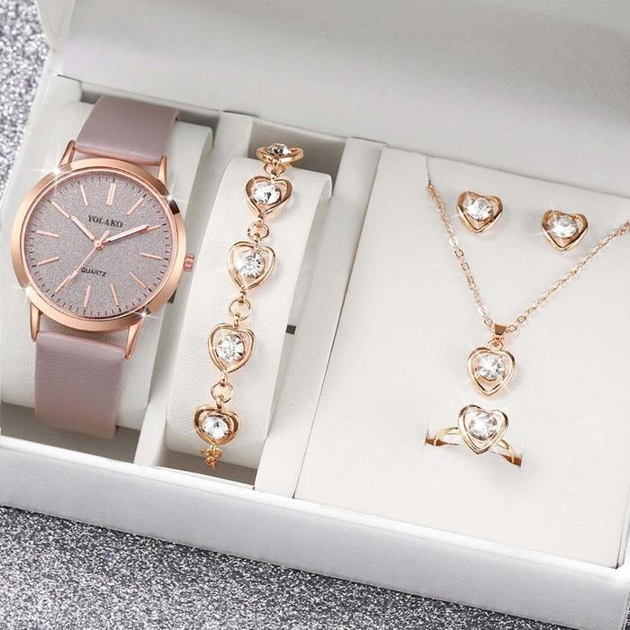 5PCS Jam Tangan Kuarsa Wanita Sederhana Mengkilap Dial Besar PU Tali Kulit Jam Tangan Perhiasan