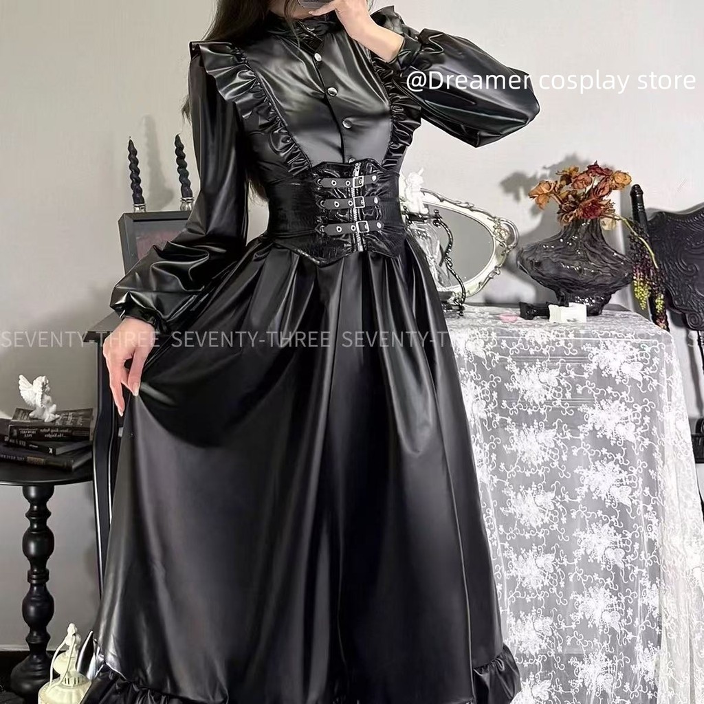 2025 Dmaid Pu Leather Collar Long Skirt I Dress Big Hem Maid Costume Cosplay Women'S Servant