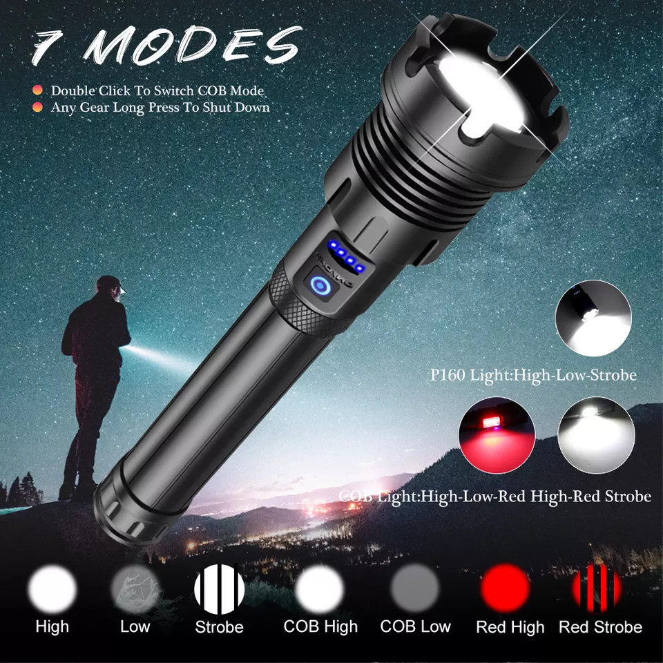 XHP70 XHP90 COB Aluminum Rechargeable Zoom Multi-Function Flashlight Tactical Self-Defense Custom Fl