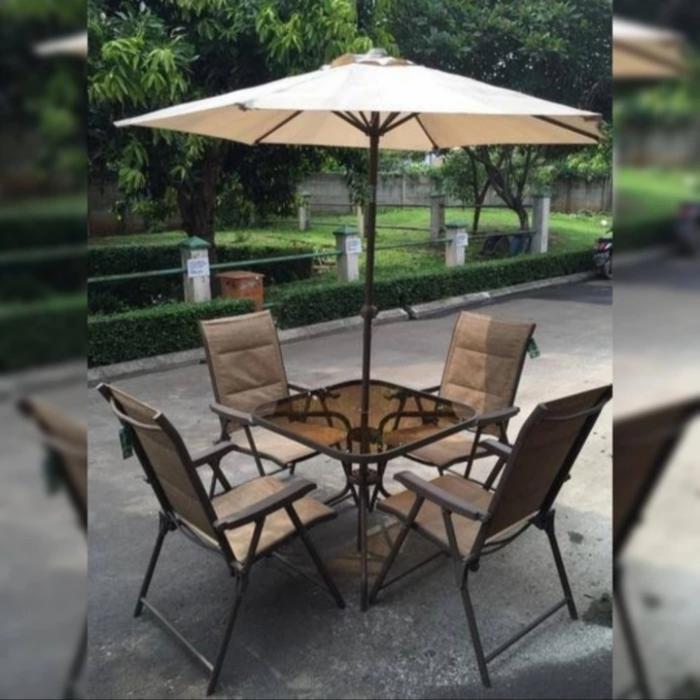 Informa Soleil Set Meja Cafe & 4 Kursi Cokelat + Payung Outdoor Resto Furniture Chairs Ready Stock