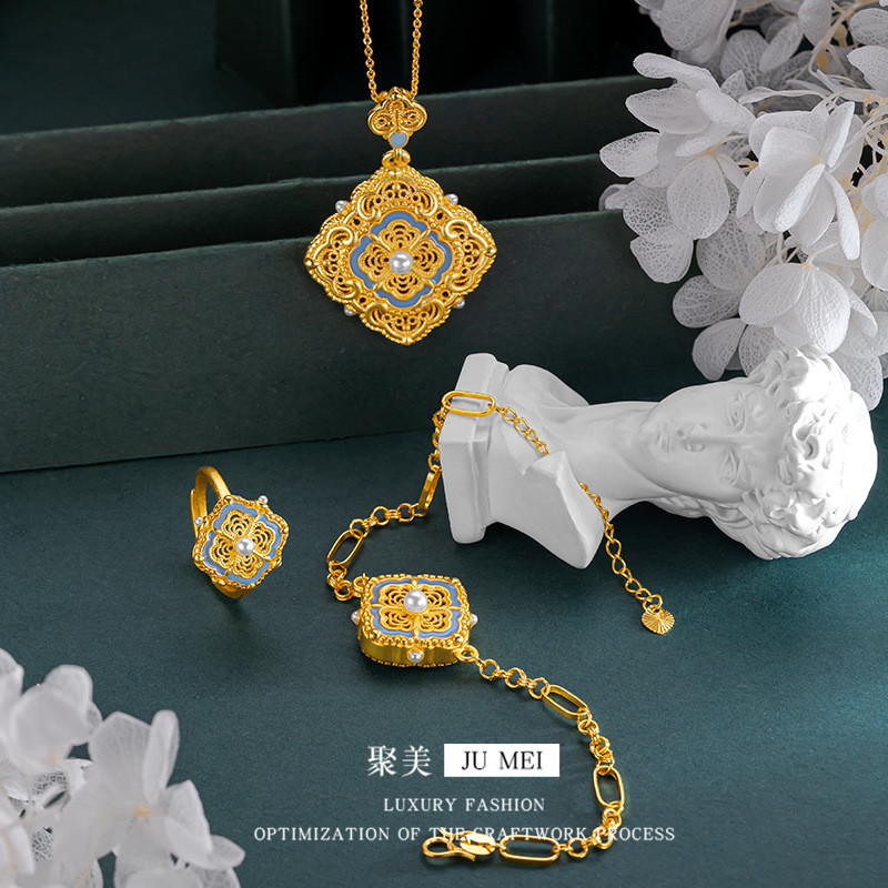 Luxury 24K 9999 Pure Gold real gold Ruyi Three-piece Set Flower Silk Pendant Women's Necklace Ring