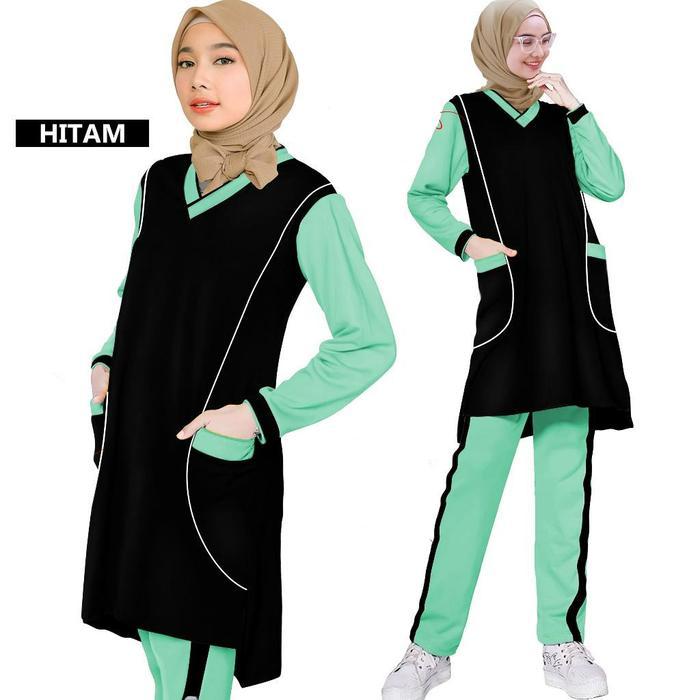 1Set Stelan Baju Senam Muslim Kombinasi Syar'I Muslimah Sport Olahraga Joging Yoga Tenis Sepeda