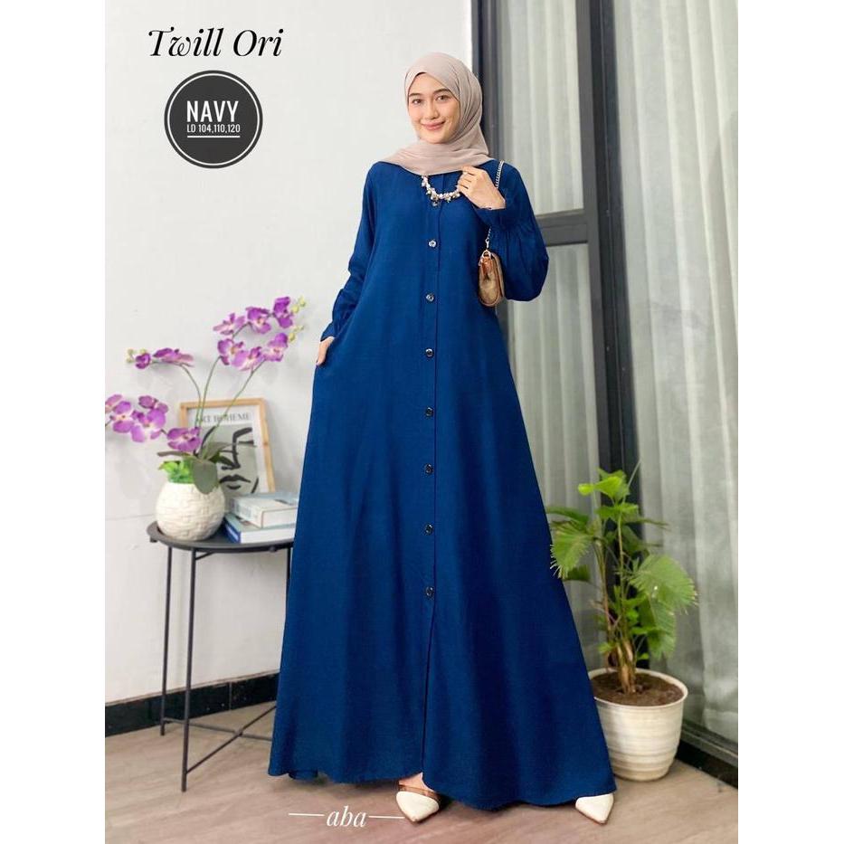 Gamis Polos Twil Ori Dress Panjang Busui Tali Samping Muslim Twill Kancing Cantik Karet Wudhu Kain