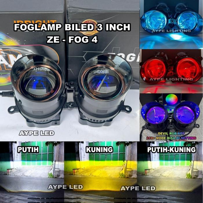 Foglamp Biled Sepasang ZE FOG 4 IBRIGHT Bluelens Lengkap Brecket Devil Rgb Apps Foglamp Mobil