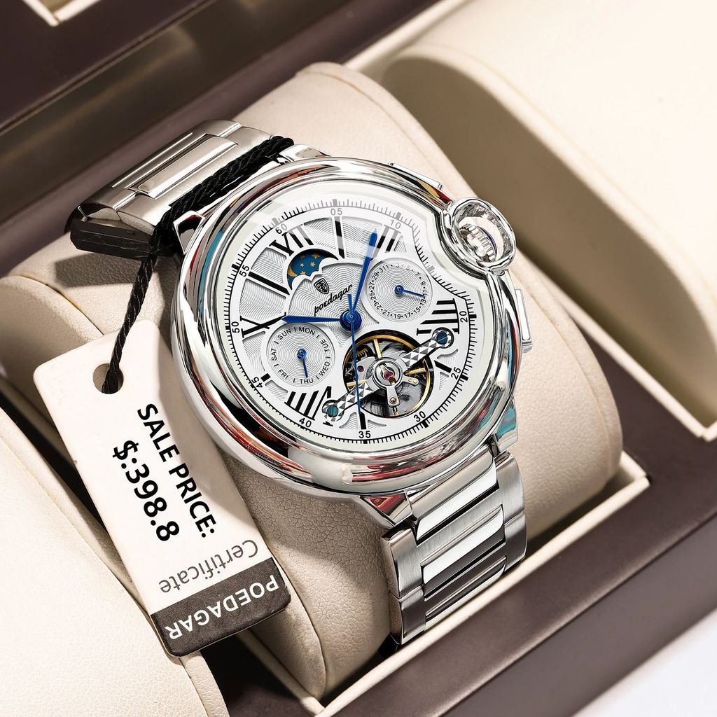 POEDAGAR Luxury Man Watch Tourbillon Date Week Stainless Steel Men Watch Waterproof Automatic
