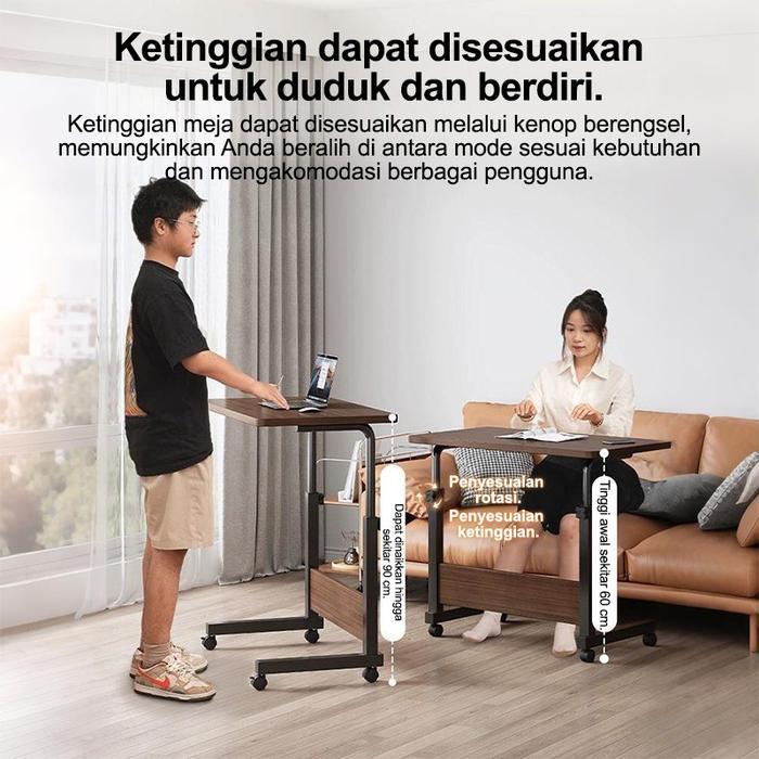 Fur3-Meja Laptop Roda Adjustable Tinggi Portable Meja Kerja Belajar Kayu Minimalis Multifungsi untuk