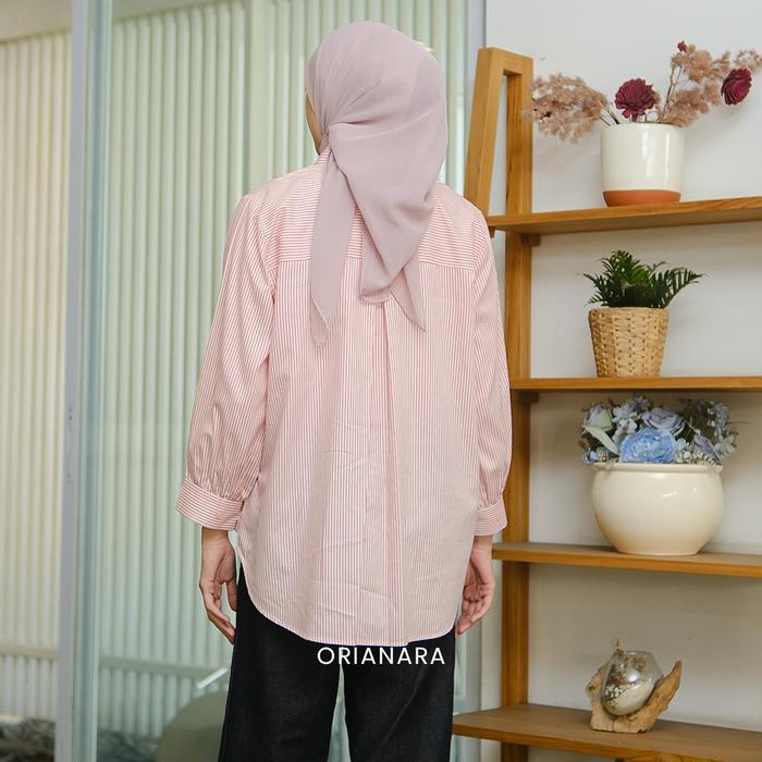 Orianara Kemeja Kasual Oversized Wanita Atasan Tunik Wanita Salur Panjang Bordir Stripe Katun Simple