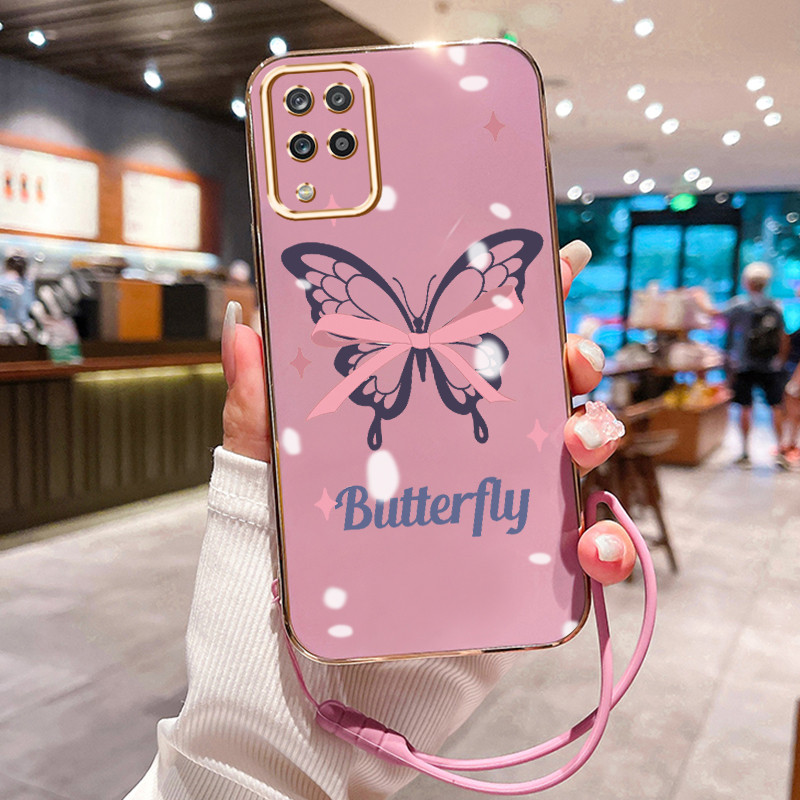 Casing Hp Untuk Samsung Galaxy A12 4G A12 5G F12 M12 Case Pink butterfly ribbon pelapisan Kekinian C