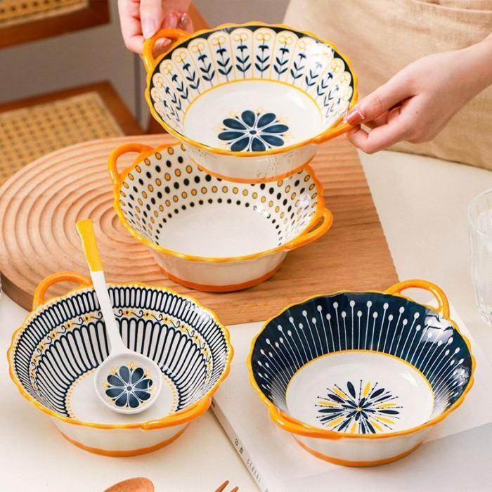 Piring Keramik Yelo C Peralatan Makan Keramik Mewah Motif Bunga Biru Bergaris Kuning Piring Mangkok,