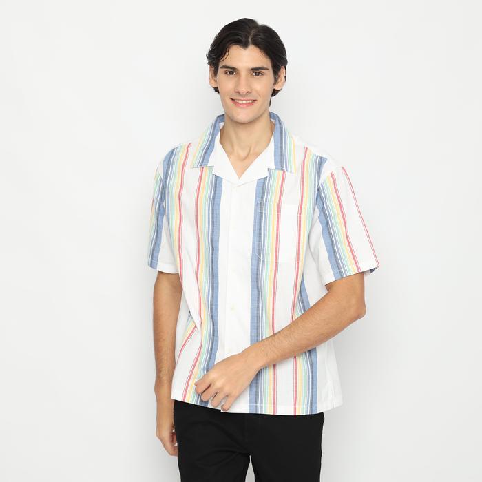 RBJ Kemeja Salur Linen Krah Hawaii Putih Biru Regular Fit Pria