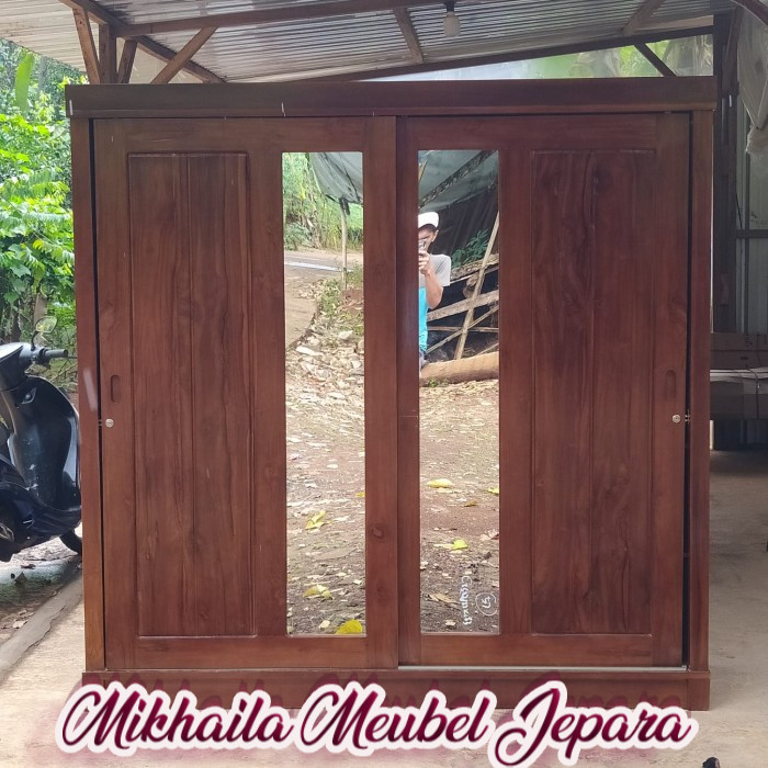 lemari pakaian sliding kayu jati minimalis - almari sliding minimalis