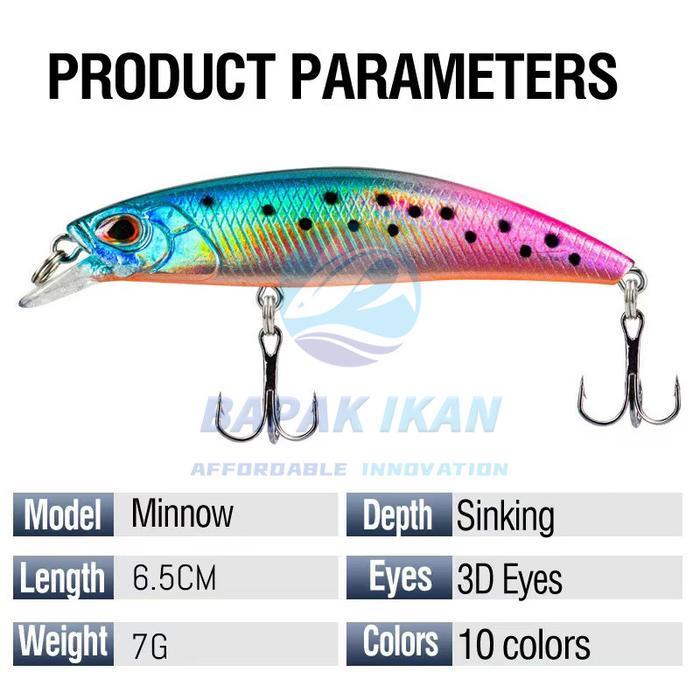 6.5cm/7g Umpan Lure Minnow Slow Sinking Fishing Bait Set Tackle Lure For Fishing Swim Bait Lure Hook