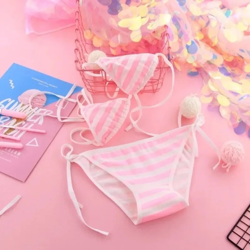 Japan Lingerie Lolita Blue White Striped Bikini Cosplay Women Bra Underwear Set Frenum Swimsuit