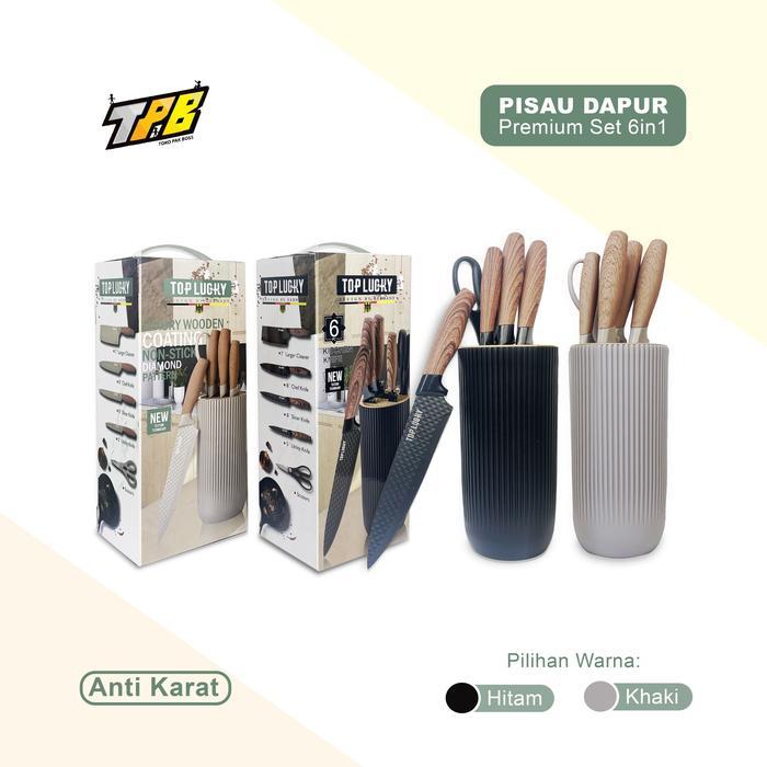 [MATA PISAU LEBIH TAJAM & KUAT] Pisau Dapur Set Premium 6in1 Wadah Bulat Anti Karat Set Knife