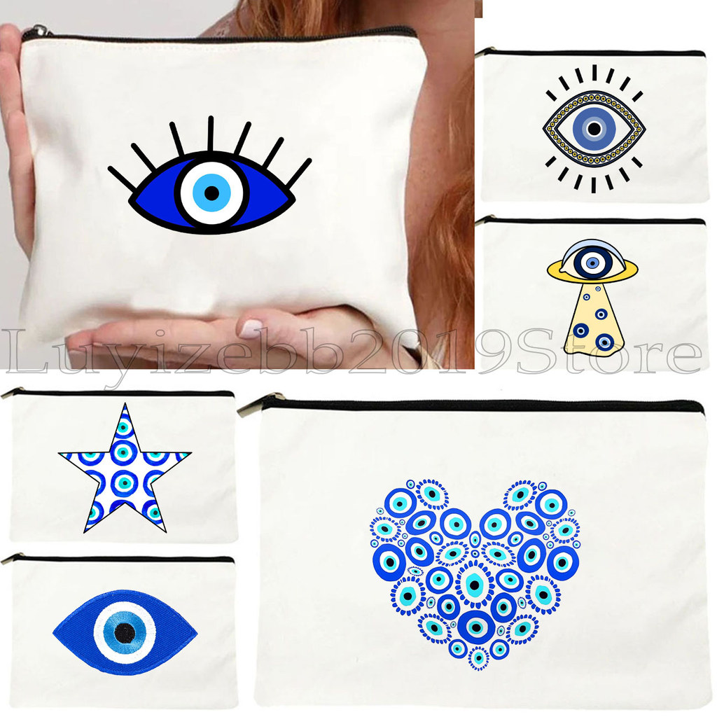Colorful Blue Evil Eye Charm Nazar Amulet Love Heart GREECE Boho Mandala Canvas Bag Cosmetic Makeup