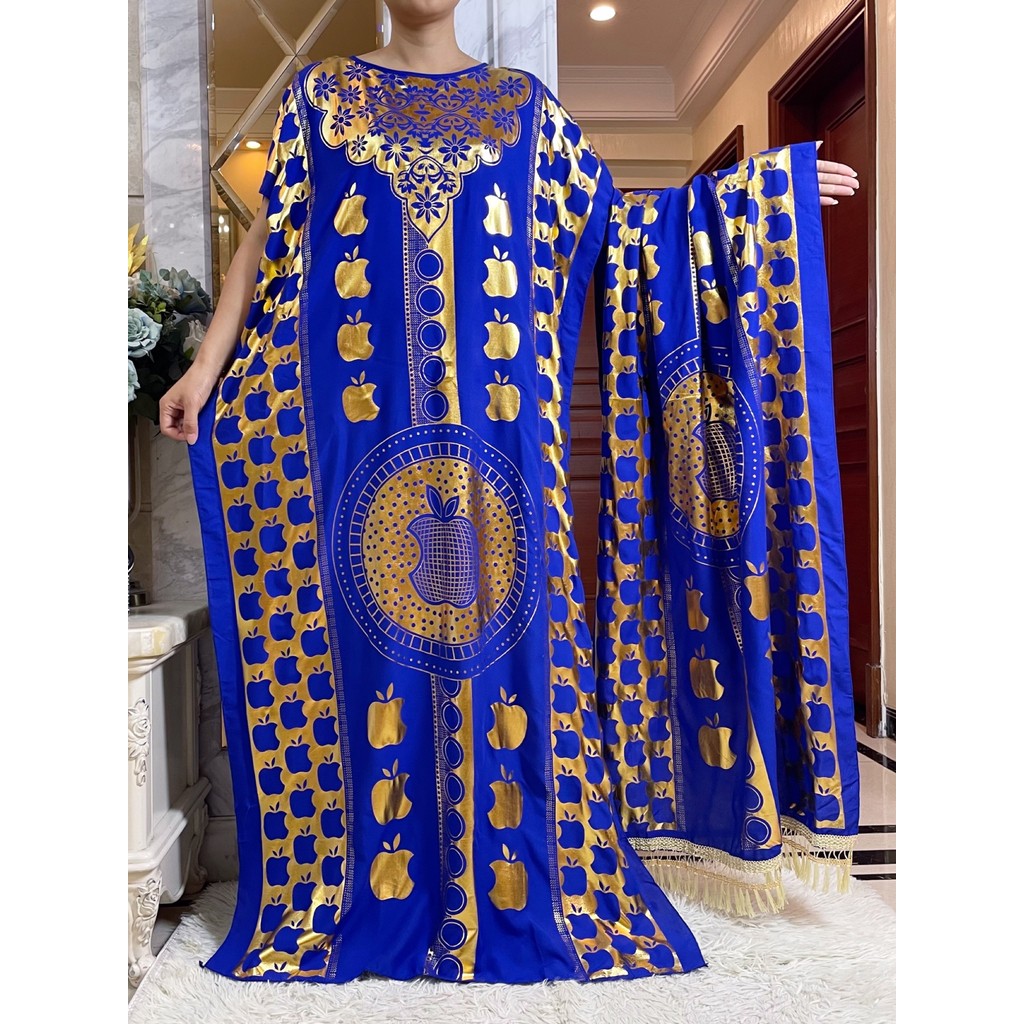 New Summer Loose Short Sleeve Cotton Robe Gold Stamping Apple Design Boubou Maxi Islam Femme Dress