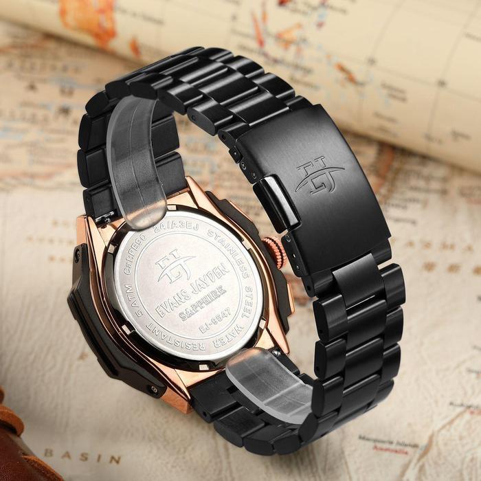 Jam Tangan Pria Evans Jayden 9547 Rantai Stainless Steel Chronograph Kaca Sapphire Water Resistant