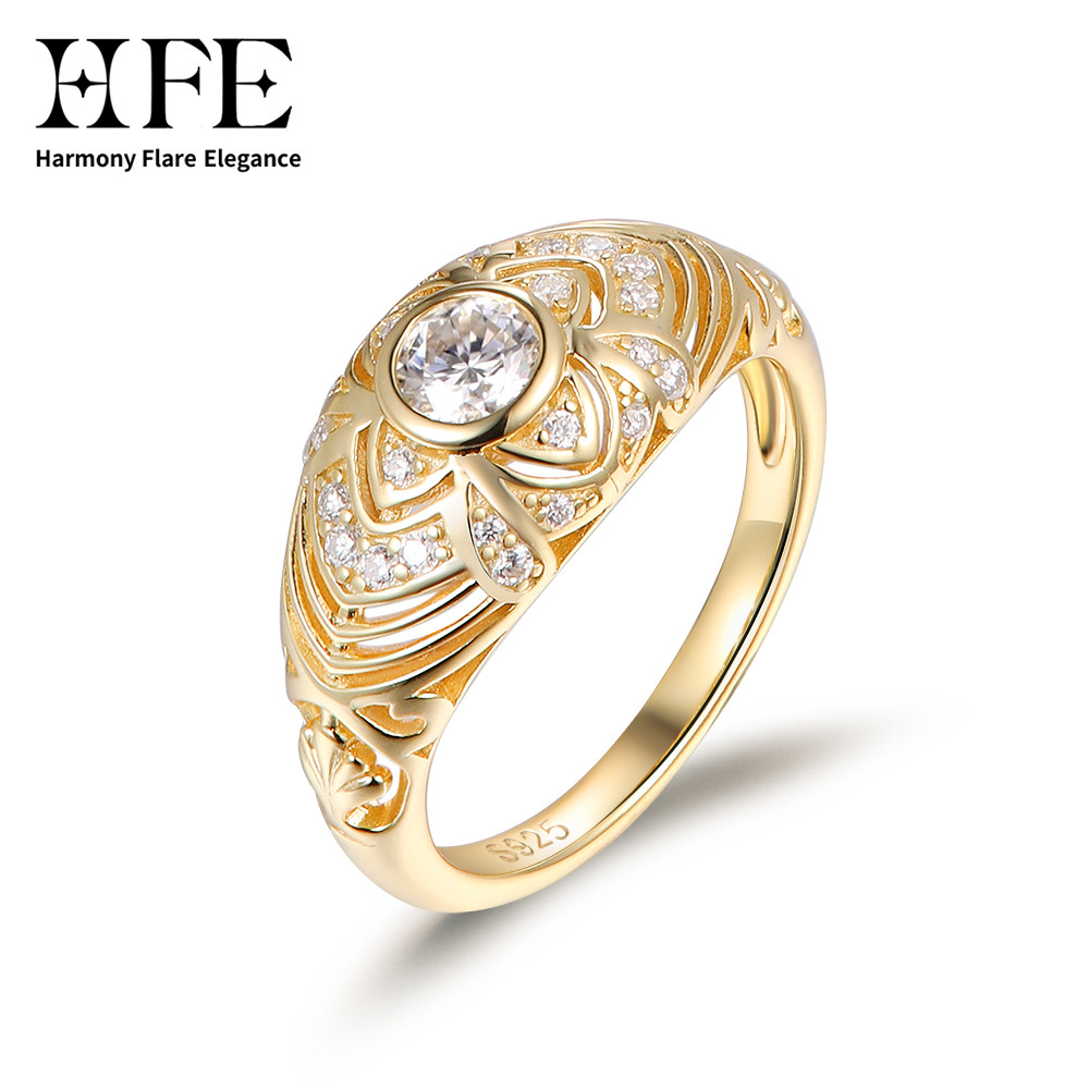 HFE Hand Carved Floral Wide Moissanite Ring S925 Sterling Silver Bohemian Style Fashion Jewelry for