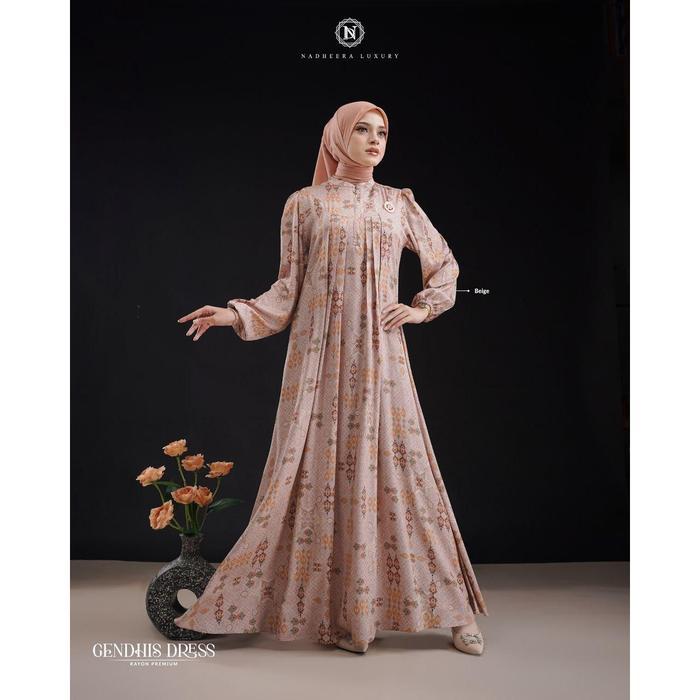 [Bisa Cod] Gendhis Dress Midi Nadheera Luxury Rayon Premium Gamis Gendis Motif Terbaru Nadhera