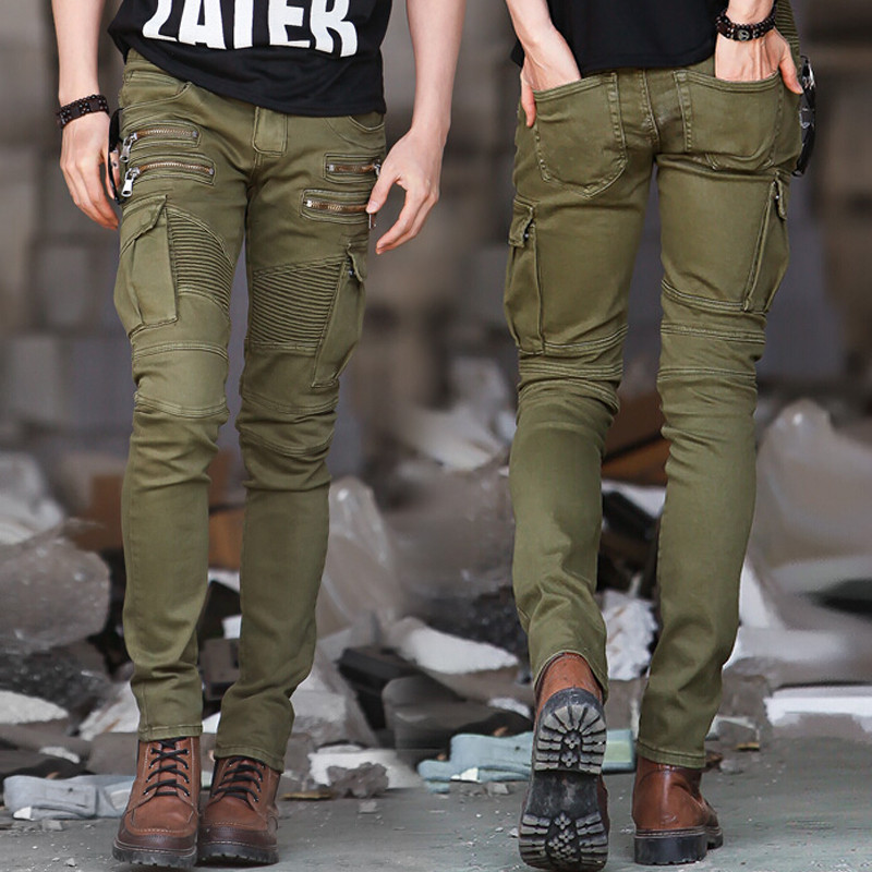 Men's Jeans Green Denim Biker Jeans Skinny New Runway Distressed Slim Elastic Homme Hip Hop Military