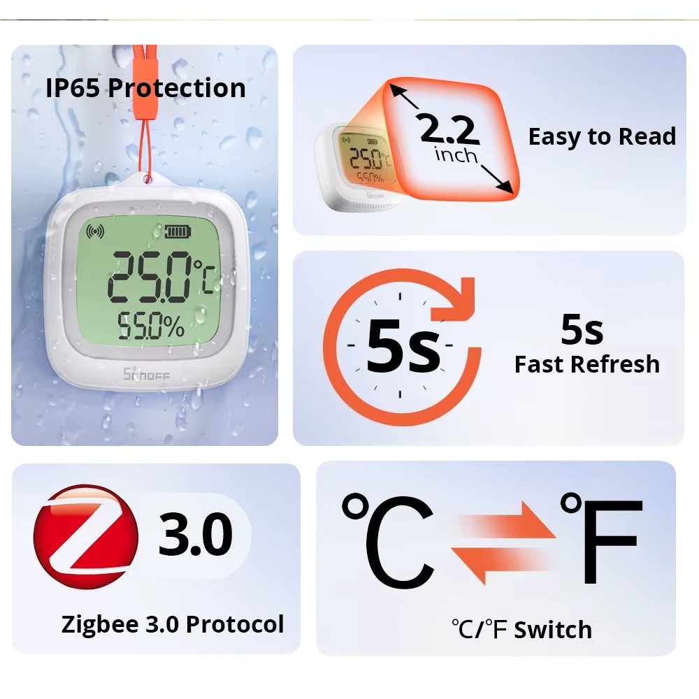 SONOFF SNZB-02WD SNZB 02WD ZIGBEE TEMPERATURE HUMIDITY SENSOR IP65 WATERPROOF BATHROOM GREENHOUSE