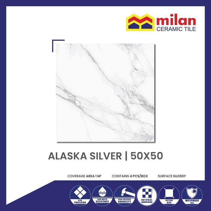 . Milan Alaska Silver 50x50 Keramik Lantai Motif Marmer Natural Glossy