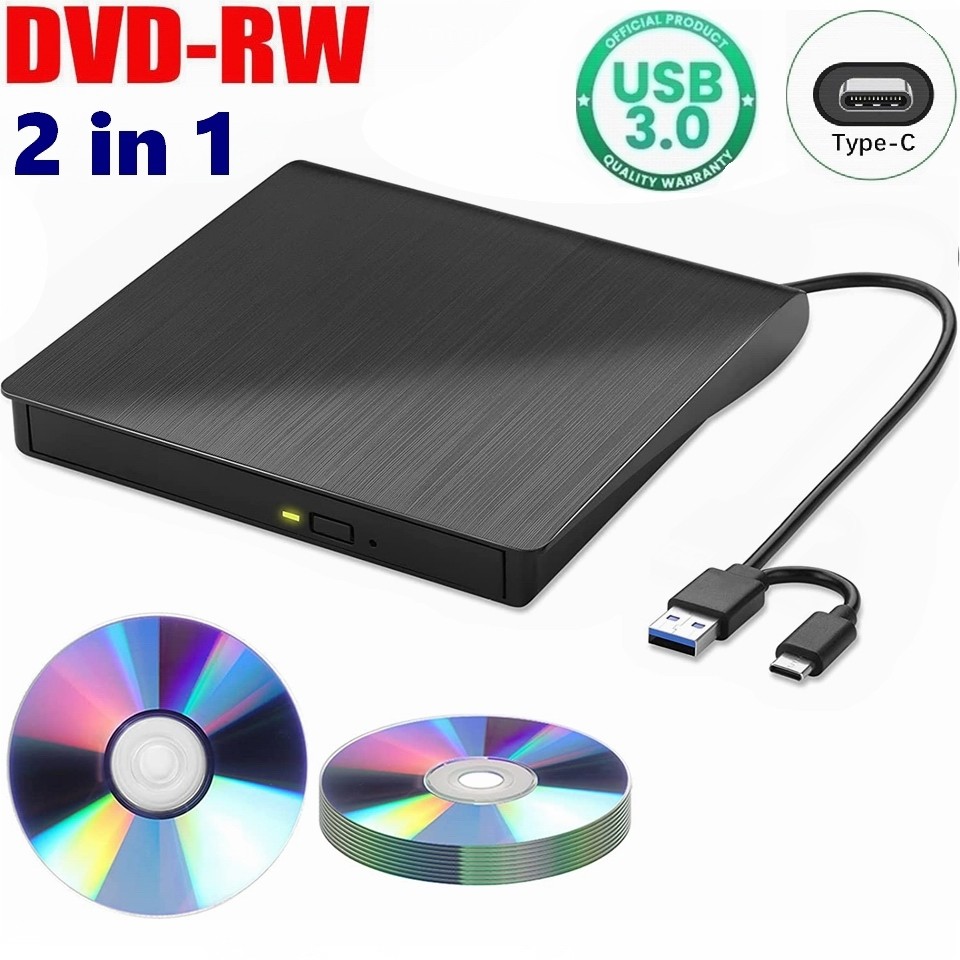 TERBARU 2 in 1 Type-C USB 3.0 External DVD Drive Reader Portable Ultra Slim DVD-RW CD Player Burner 