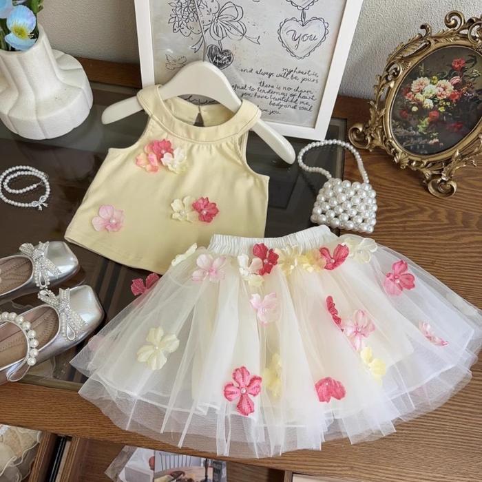 RYUTA setelan rok tutu anak perempuan 1-7 tahun / baju kuning rok tutu cream bunga anak