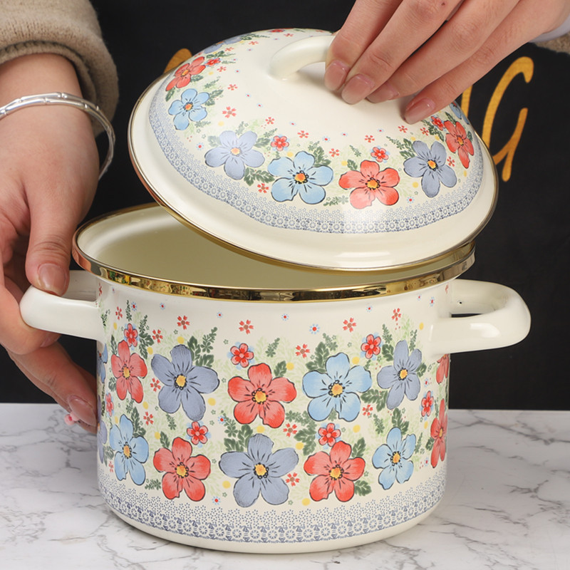 Enamel Soup Pot 1.5L Double Handle Cooking Noodle Pot Retro Floral Thickened Stew Pot Cooking Pan