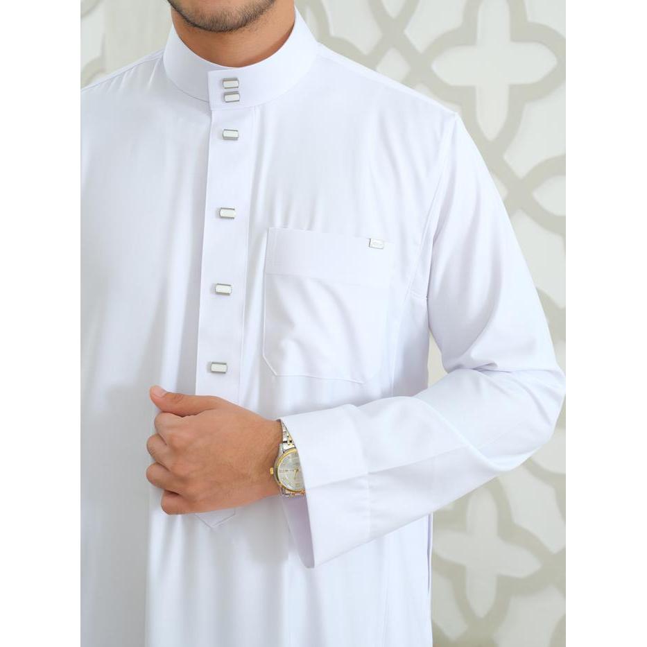Al Haramain Series Semi Wol Thobe Hassan Jubah / Gamis Pria Dewasa (241978/79/80) Putih