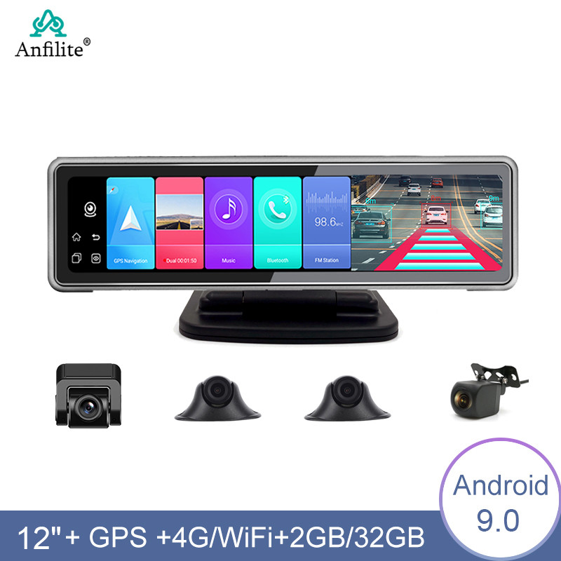 12Inch 4G FHD 1080P Android 9.0 Video Recorder With 4 Cameras 2GB+32GB GPS Navigation ADAS Night Vis