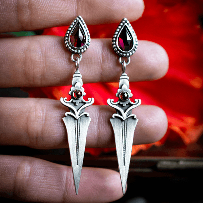 Vintage Medieval Gothic Sword Drop Earrings For Women New Water Drop Red Stone Dangle Earring