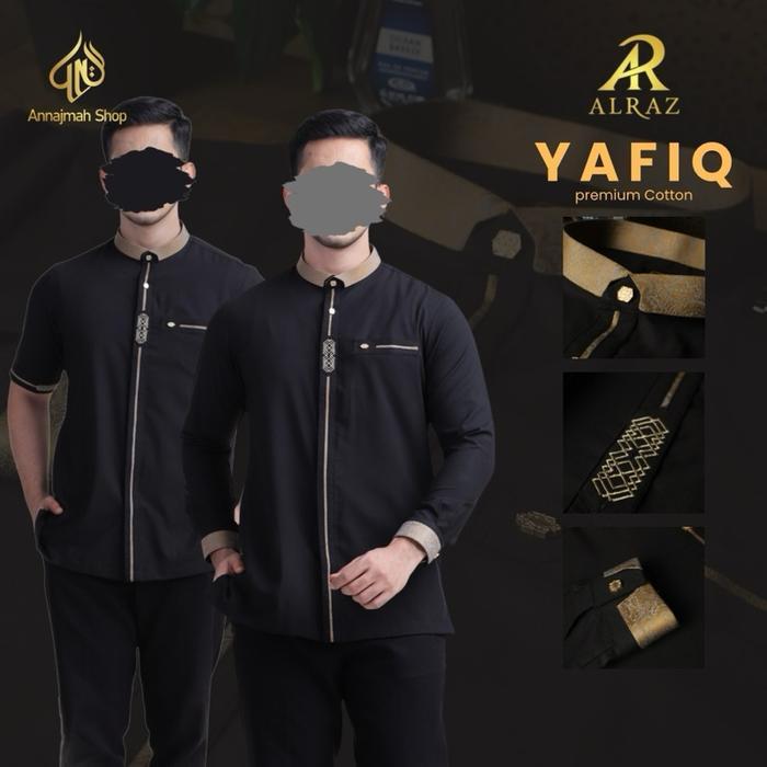 Alraz Koko Alraz Terbaru YAFIQ Baju Muslim Katun Hitam Premium Pria Dewasa Lengan Panjang Manset Dan