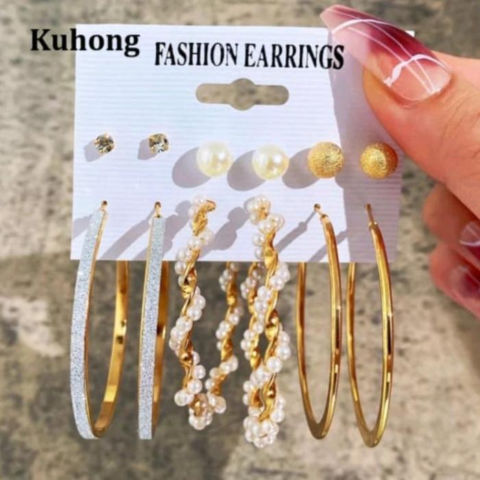 SET 6 PASANG ANTING HOOPS MUTIARA BOHEMIAN ANTING BULAT BESAR GIWANG ANTING HIJAB PESTA KOREAN STYLE