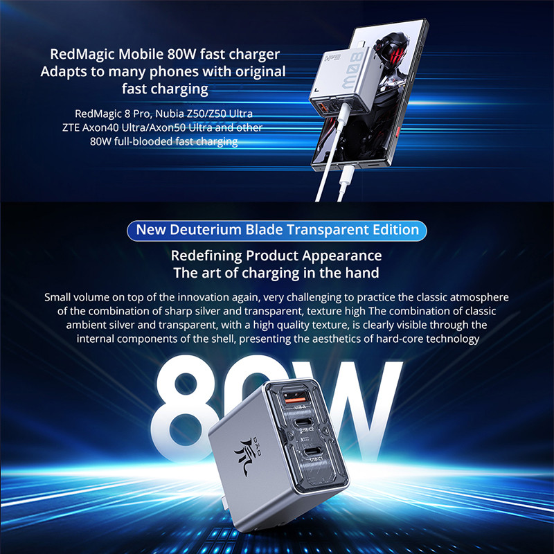 Redmagic Deuterium Front 80W Three-Port GaN5 Pro Charger Silver Gray PA0214D