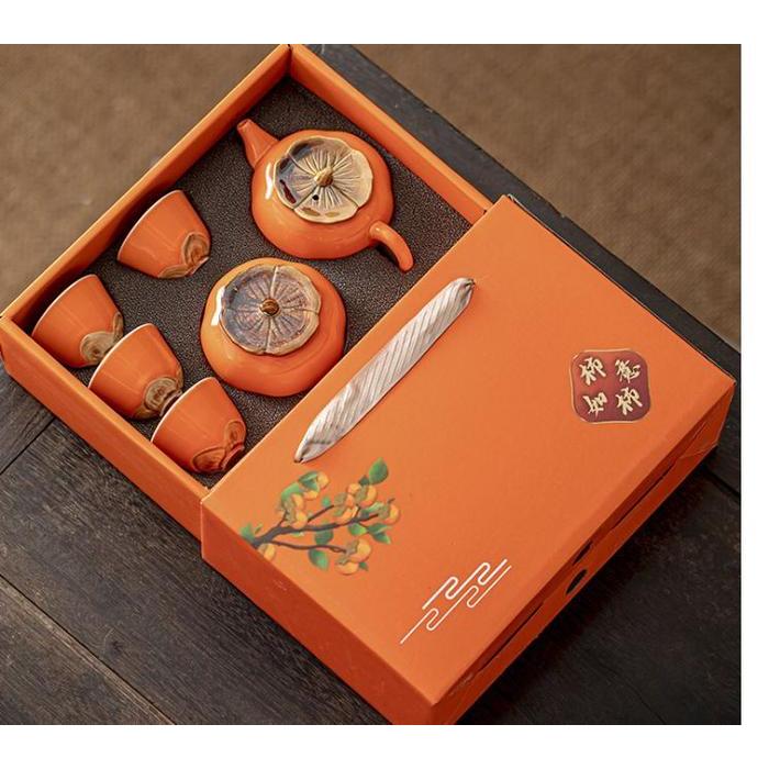 SET TEH CINA KUNG FU KERAMIK PERJALANAN 1 TEKO 4 TEH UPACARA BENTUK PERSIMON TEKUK TEKO KOTAK HADIAH