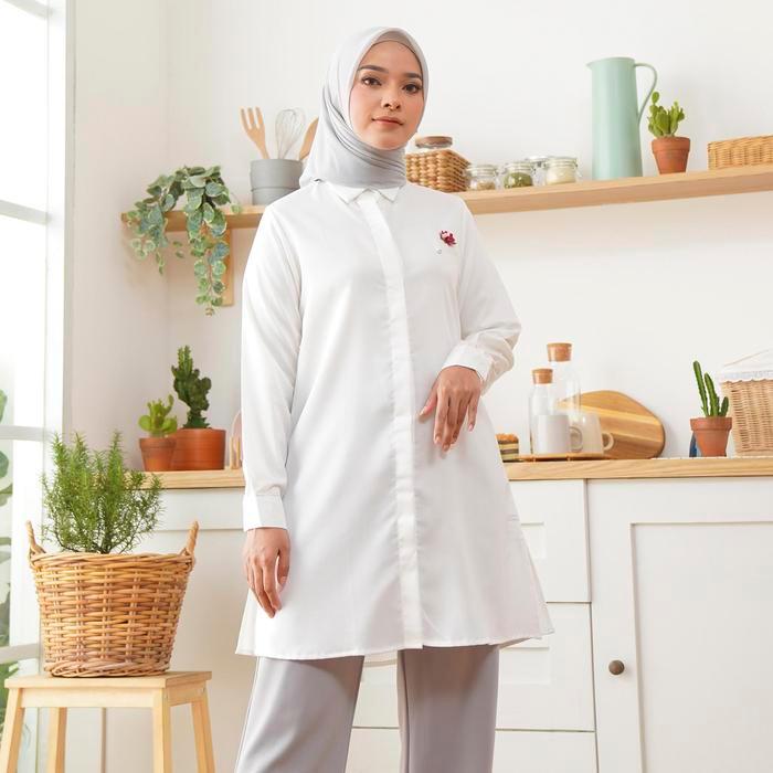 Terbaru Wulfi Atasan Kemeja Tunik Day To Day Katun Cotton Madinah White kantor muslim Nyaman Panjang